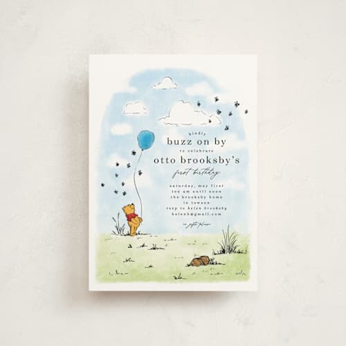 This is a hundred acre wood petite kids birthday invitations with standard by Erin L. Wilson called disney's winnie the pooh many birthday adventures printing on signature in petite