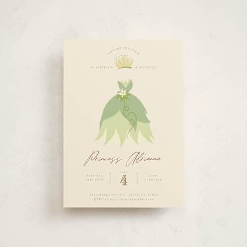 This is a southern cream petite kids birthday invitations with standard by Kate Ross called disney princess tiana's dress printing on signature in petite