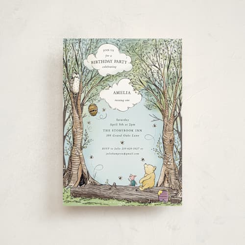 This is a sky petite kids birthday invitations with standard by Becky Nimoy called disney's winnie the pooh in the wood printing on signature in petite