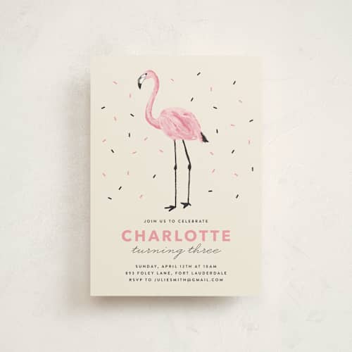 This is a crepe petite kids birthday invitations with standard by Cass Loh called flamingo sprinkles printing on signature in petite