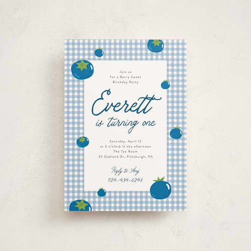 This is a blueberry petite kids birthday invitations with standard by Sarah Hawkins Designs called berry sweet printing on signature in petite