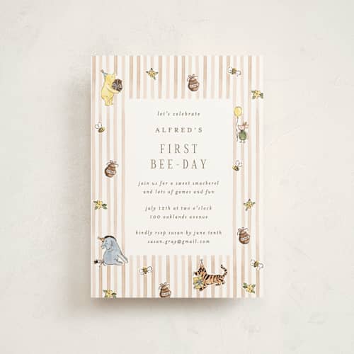 This is a honeypot petite kids birthday invitations with standard by Sarah Knight called disney's winnie the pooh first bee-day printing on signature in petite
