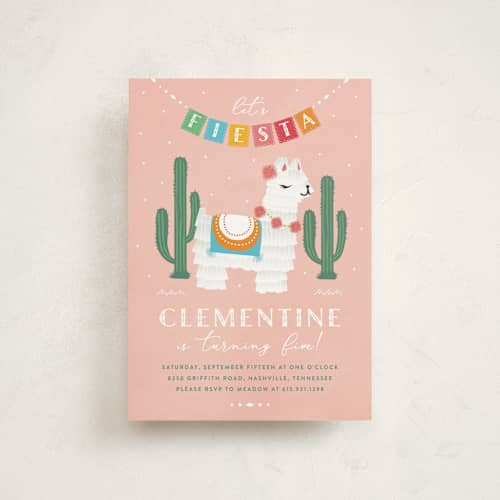 This is a strawberry petite kids birthday invitations with standard by Jennifer Lew called llama piñata printing on signature in petite