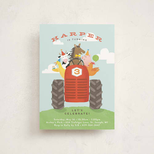 This is a robin’s egg petite kids birthday invitations with standard by Jennifer Wick called farm animal friends printing on signature in petite