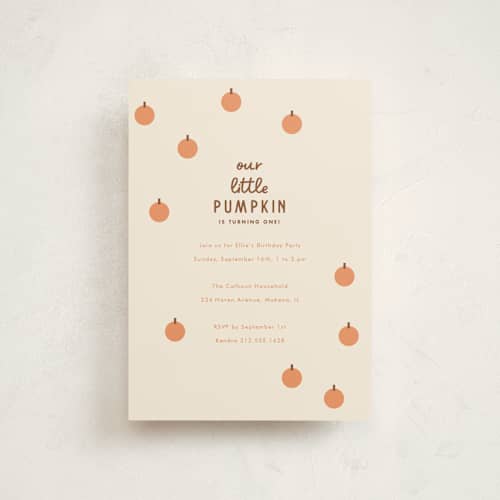 This is a pumpkin petite kids birthday invitations with standard by Baumbirdy called a little pumpkin printing on signature in petite