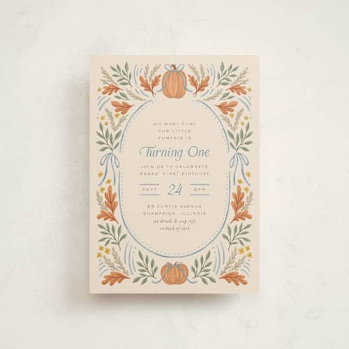 This is a cornflower petite kids birthday invitations with standard by Laura Hankins called pumpkins + bows printing on signature in petite