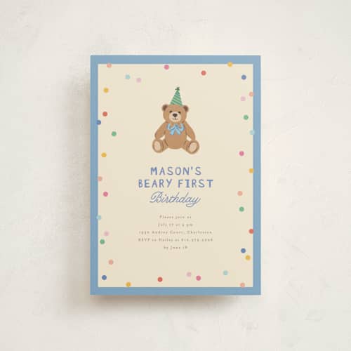 This is a pond petite kids birthday invitations with standard by Creo Study called beary first birthday printing on signature in petite