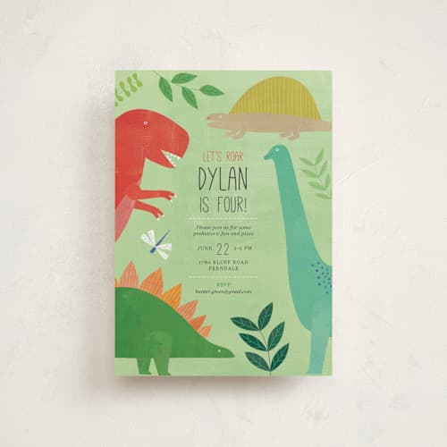 This is a forest petite kids birthday invitations with standard by melanie mikecz called let's roar dinosaur printing on signature in petite