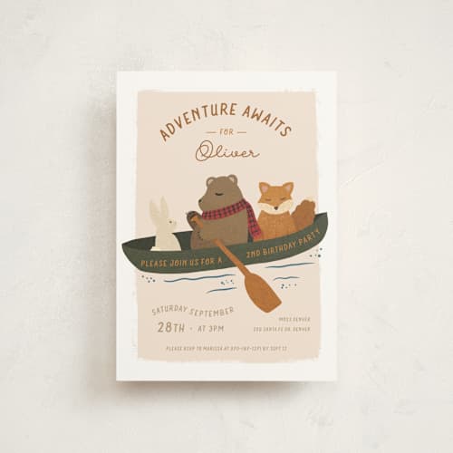 This is a forest petite kids birthday invitations with standard by Jenna Holcomb called adventure awaits printing on signature in petite