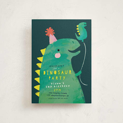 This is a teal petite kids birthday invitations with standard by Lori Wemple called dinosaur balloon printing on signature in petite