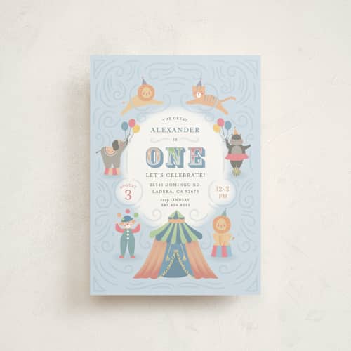 This is a sky petite kids birthday invitations with standard by Joanna Griffin called step right up printing on signature in petite
