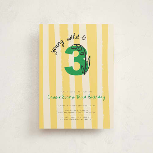 This is a buttercup petite kids birthday invitations with standard by Jenna Holcomb called wild and three printing on signature in petite