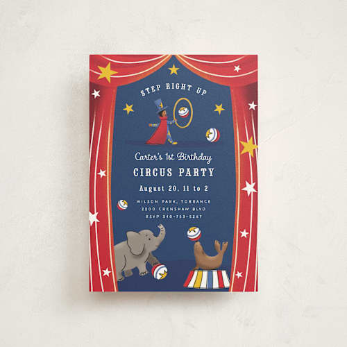 This is a scarlet petite kids birthday invitations with standard by Becky Nimoy called circus printing on signature in petite