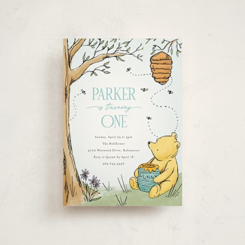 This is a sky petite kids birthday invitations with standard by Pixel and Hank called disney's pooh forest scene printing on signature in petite