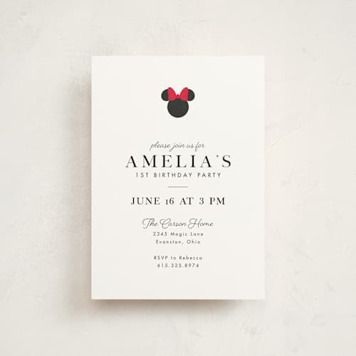 This is a strawberry petite kids birthday invitations with standard by Julee London called disney simply minnie birthday printing on signature in petite