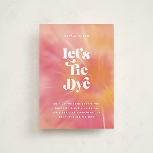 This is a coral petite kids birthday invitations with standard by Nazia Hyder called tie dye party printing on signature in petite