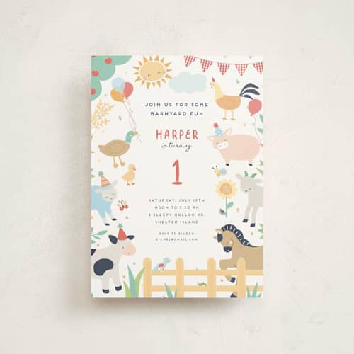 This is a barn petite kids birthday invitations with standard by peetie design called barnyard fun printing on signature in petite