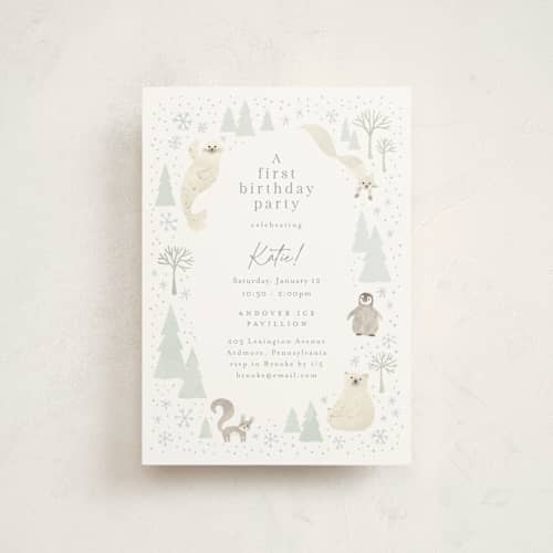 This is a seafoam petite kids birthday invitations with standard by Jennifer Wick called arctic friends printing on signature in petite