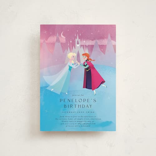 This is a twilight petite kids birthday invitations with standard by lori jacobs wemple called elsa and anna from disney's frozen printing on signature in petite