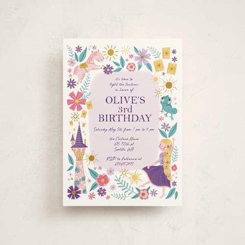 This is a lilac petite kids birthday invitations with standard by Katherine Dietz called disney's tangled floral birthday invite printing on signature in petite