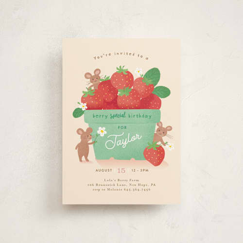 This is a vanilla petite kids birthday invitations with standard by Jennifer Wick called berry special printing on signature in petite