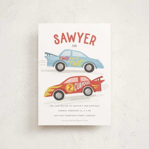 This is a racing red petite kids birthday invitations with standard by Jessie Steury called two fast printing on signature in petite