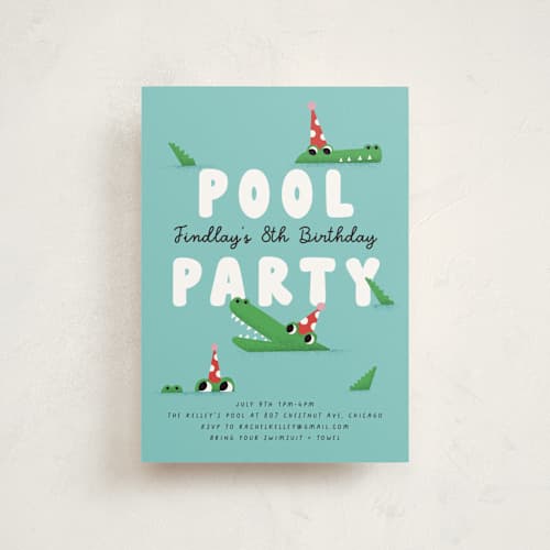 This is a fruit punch petite kids birthday invitations with standard by mo kelley called pool party printing on signature in petite