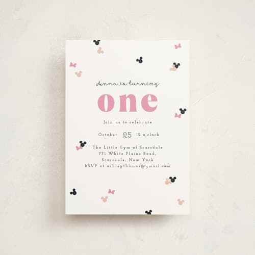 This is a peony kids birthday invitations with standard by Annie Holmquist called disney's minnie mouse confetti printing on signature in postcard