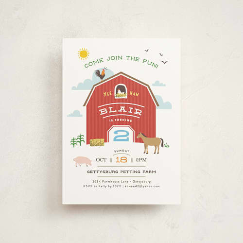 This is a barn kids birthday invitations with standard by Jennifer Wick called big red barn printing on signature in postcard