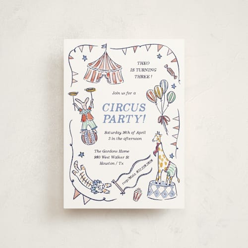 This is a sky kids birthday invitations with standard by Pati Cascino called circus day printing on signature in postcard