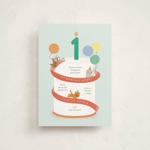 This is a aqua kids birthday invitations with standard by Itsy Belle Studio called party animal cake printing on signature in postcard