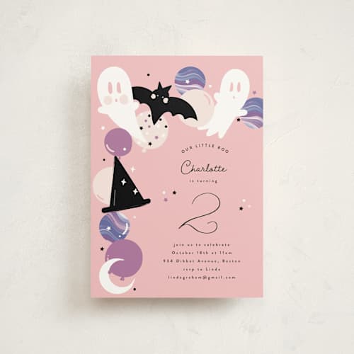 This is a cotton candy kids birthday invitations with standard by Corinne Malesic called little boo printing on signature in postcard