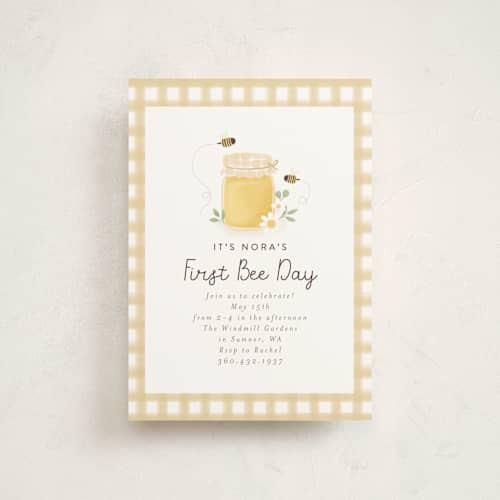 This is a honey kids birthday invitations with standard by Itsy Belle Studio called first bee day printing on signature in postcard