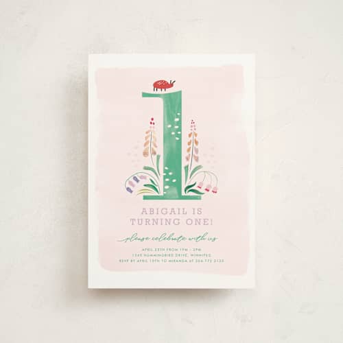 This is a jade kids birthday invitations with standard by Eve Schultz called number one bug printing on signature in postcard