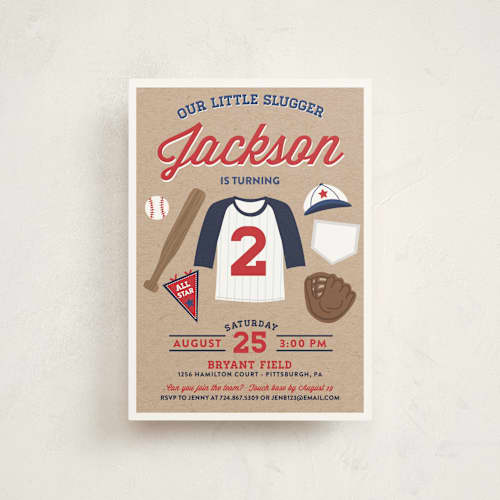 This is a patriotic kids birthday invitations with standard by One Swell Studio called little slugger printing on signature in postcard