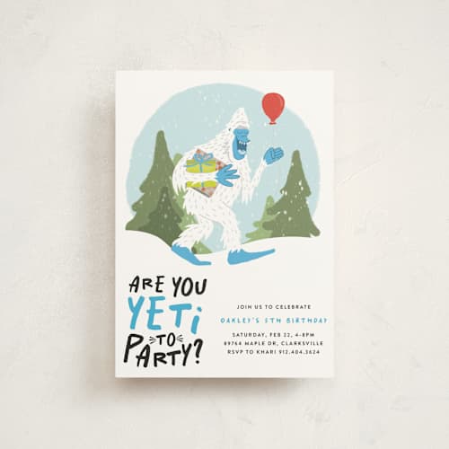 This is a frost kids birthday invitations with standard by Ashley Bird called yeti to party? printing on signature in postcard