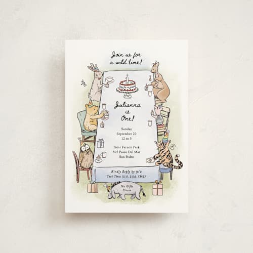 This is a mist kids birthday invitations with standard by Becky Nimoy called disney's pooh and friends party table printing on signature in postcard