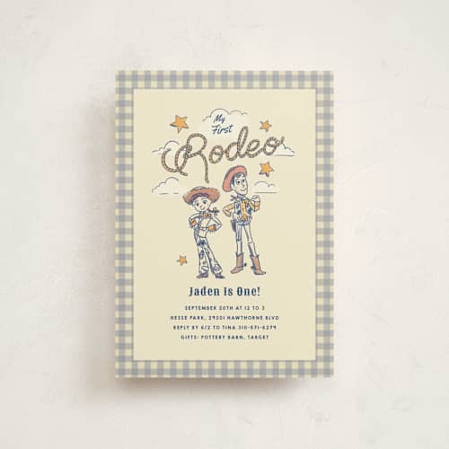 This is a bluebell kids birthday invitations with standard by Becky Nimoy called disney and pixar's woody and jessie toy story 2 rodeo printing on signature in postcard