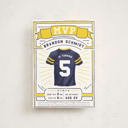 This is a school bus kids birthday invitations with standard by Shiny Penny Studio called mvp collectors card printing on signature in postcard