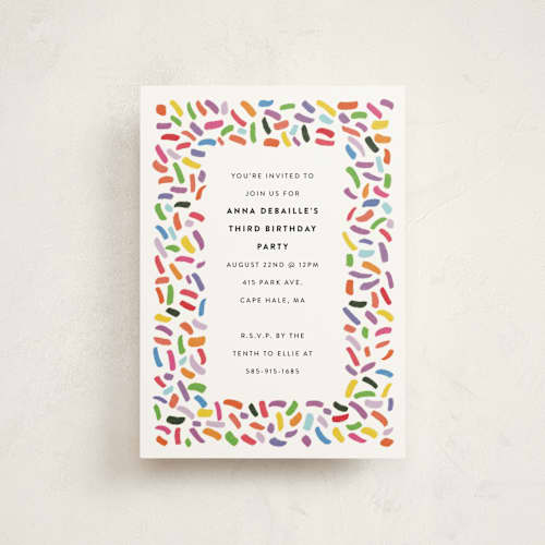 This is a gumdrops kids birthday invitations with standard by Up Up Creative called confetti sprinkle printing on signature in postcard