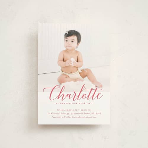 This is a blush kids birthday invitations with standard by Genna Blackburn called big script printing on signature in postcard