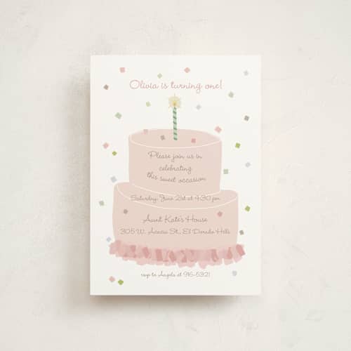 This is a blush kids birthday invitations with standard by Tina Faselli called confetti party printing on signature in postcard