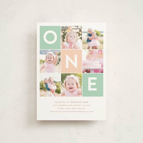 This is a seafoam kids birthday invitations with standard by Joanne James called simply one printing on signature in postcard