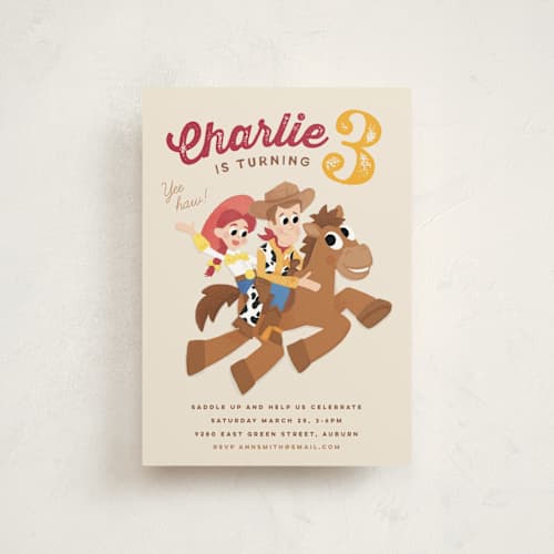 This is a vanilla kids birthday invitations with standard by Jessie Steury called disney and pixar's cowboy friends printing on signature in postcard