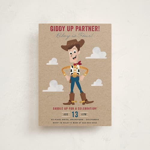 This is a rustic kids birthday invitations with standard by Oma N. Ramkhelawan called disney and pixar's howdy woody printing on signature in postcard