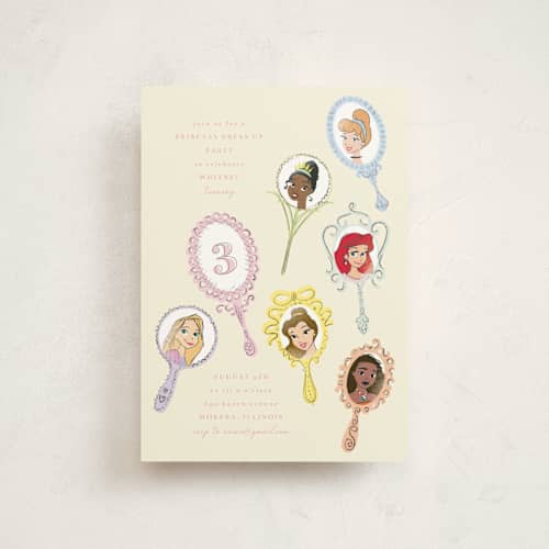 This is a vanilla kids birthday invitations with standard by Baumbirdy called disney princess mirrors printing on signature in postcard