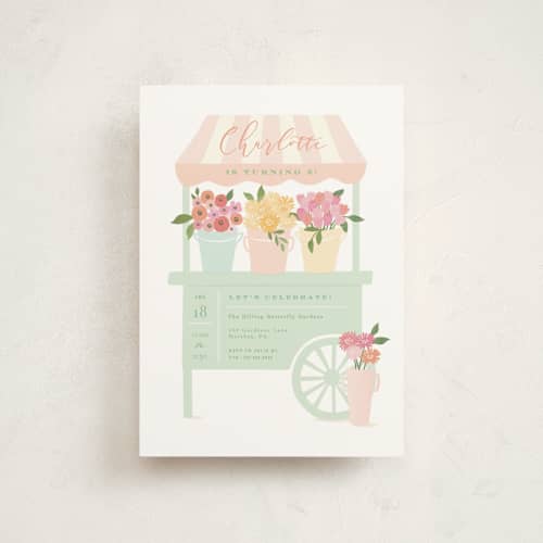 This is a grass kids birthday invitations with standard by Jennifer Wick called petite flower cart printing on signature in postcard