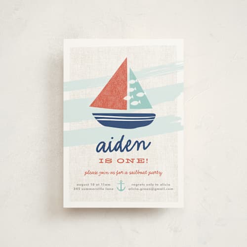This is a teal kids birthday invitations with standard by Carolyn MacLaren called regatta race printing on signature in postcard