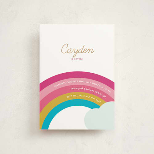 This is a may kids birthday invitations with standard by kelli hall called over the rainbow printing on signature in postcard