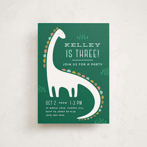 This is a palm kids birthday invitations with standard by Laura Hankins called dinotastic printing on signature in postcard